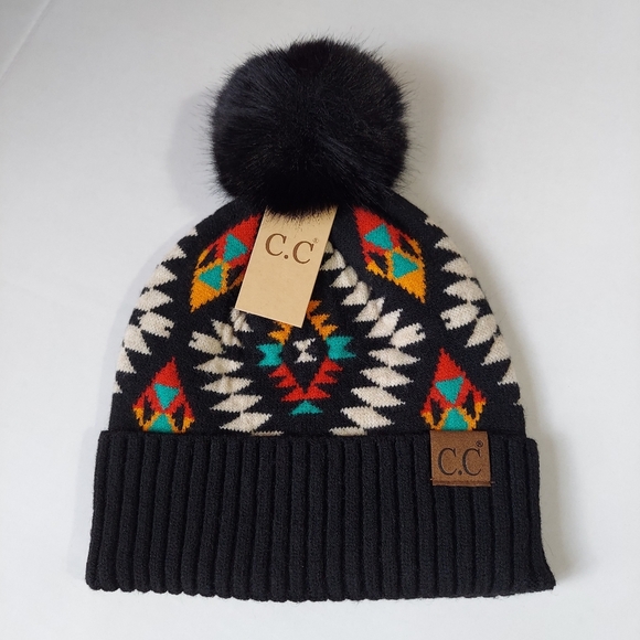 New Beanie Hat Womens Black Knit Hat Winter Beanie Warm Faux Fur Pompom - Picture 11 of 11